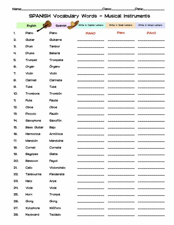 Spanish Musical Instruments Vocabulary Word List Column Worksheet