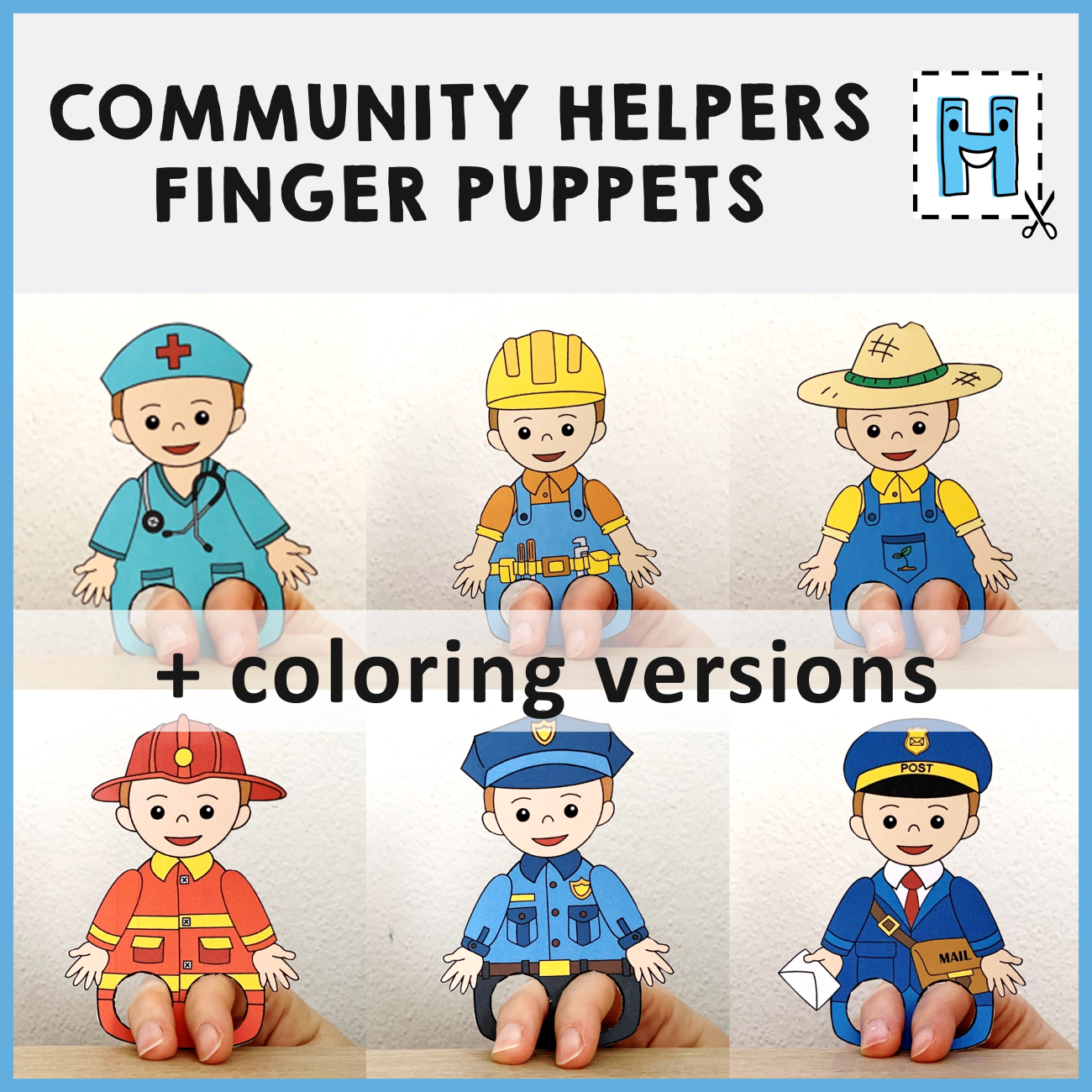 Community Helpers Finger Puppets Career Day Printable Coloring Craft 