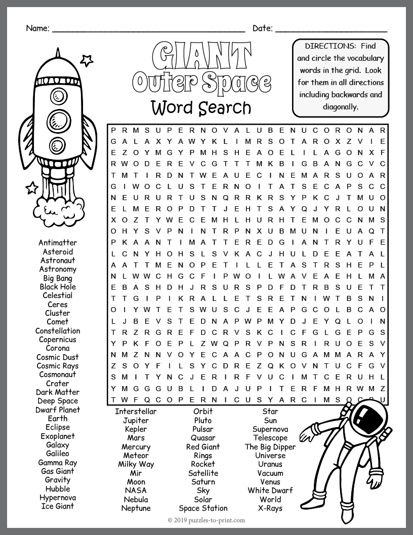 GIANT OUTER SPACE Themed Word Search Puzzle Worksheet Activity Made