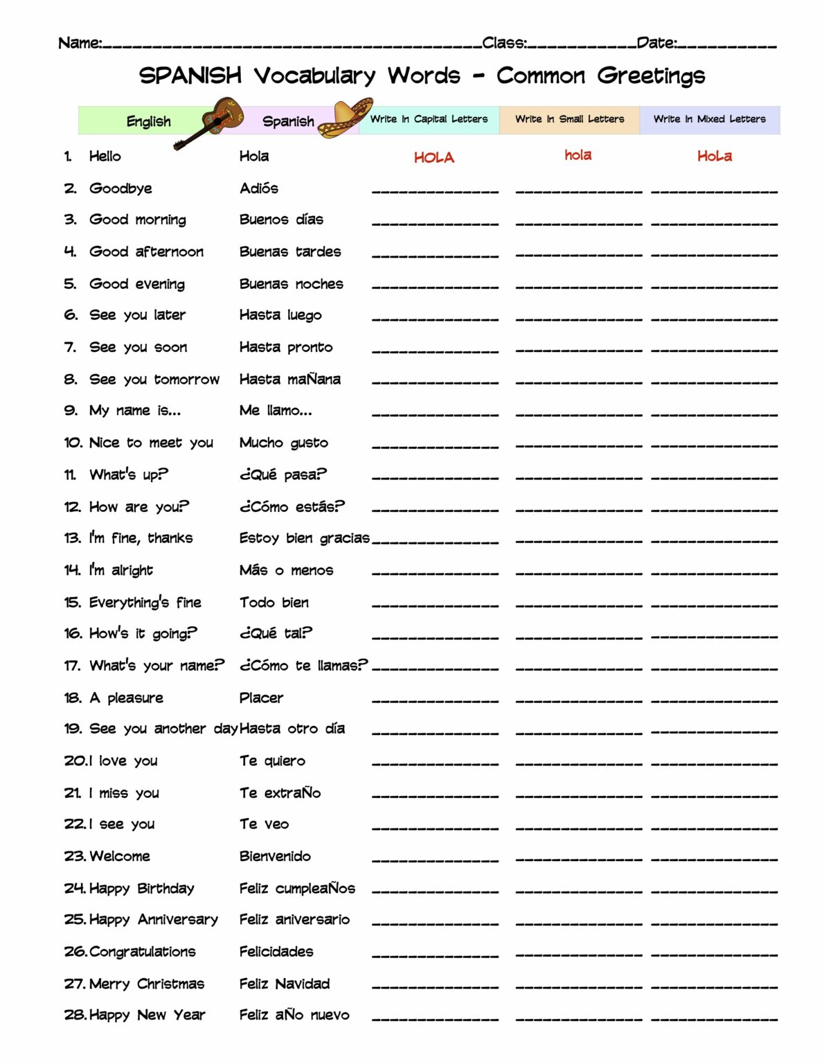Spanish Common Greetings Vocabulary Word list Column Worksheet Made By Teachers