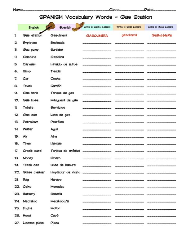 Spanish Gas Station Vocabulary Word List Column Worksheet Made By Teachers