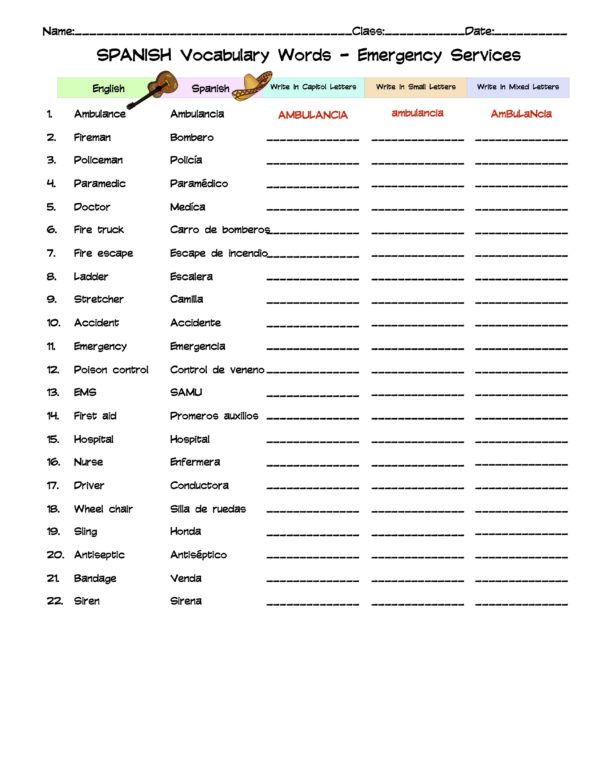 Spanish Emergency Services Vocabulary Word List Column Worksheet Made