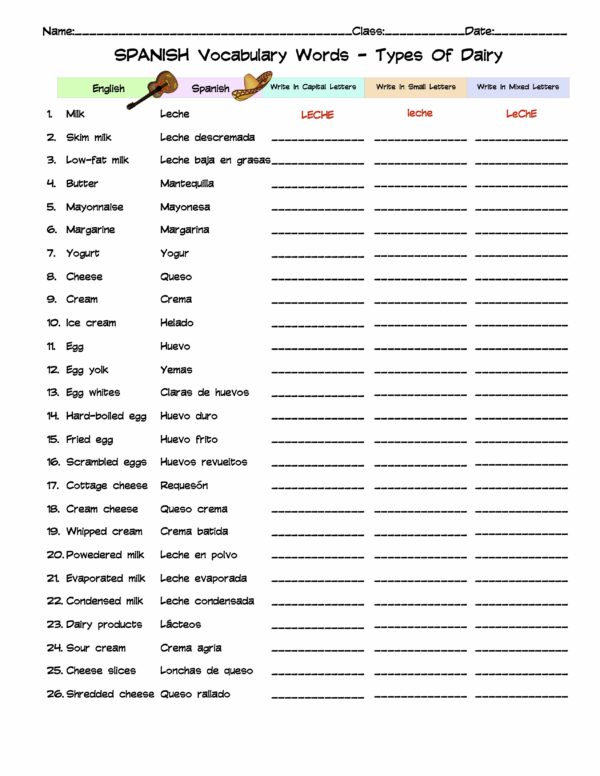 Spanish Types Of Dairy Vocabulary Word List Column Worksheet Made By