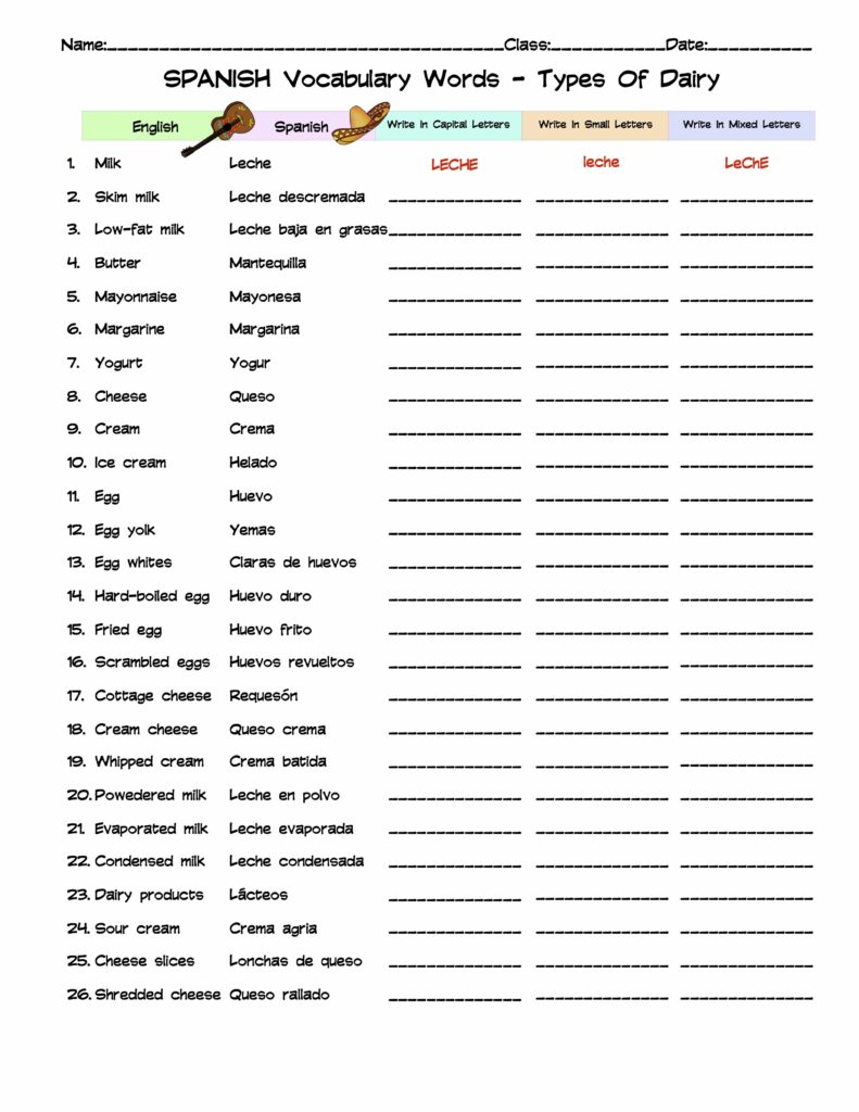 Spanish Types Of Dairy Vocabulary Word List Column Worksheet Made By