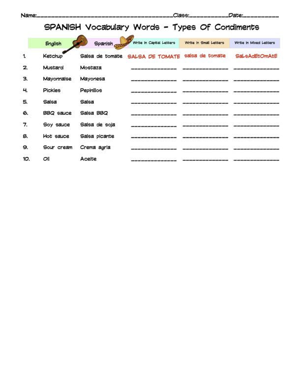 Spanish Types Of Condiments Vocabulary Word List Column Worksheet