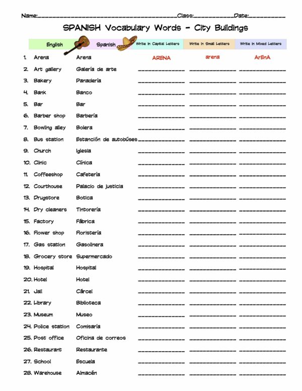 Spanish City Buildings Vocabulary Word List Column Worksheet Made By