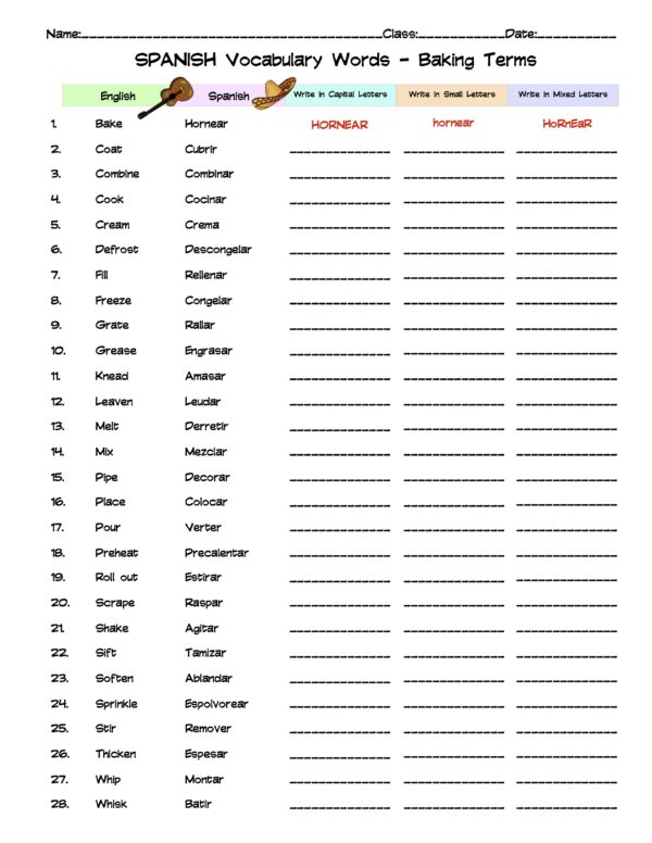 Spanish Baking Terms Vocabulary Word Kist Column Worksheet Made By