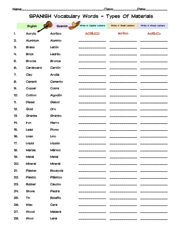 Spanish Types Of Materials Vocabulary Word List Column Worksheet Made By Teachers