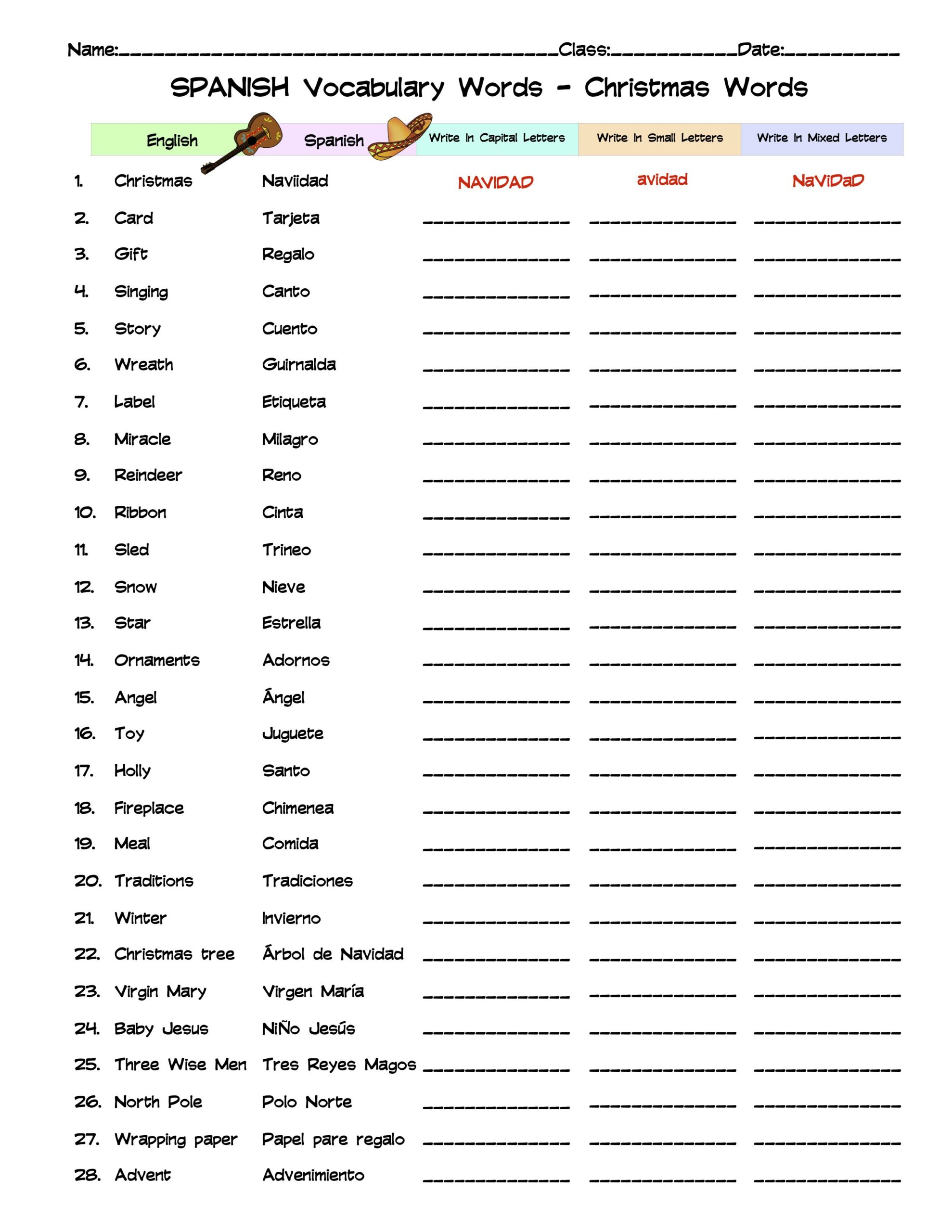 Spanish Christmas Words Vocabulary Word List Column Worksheet Made By
