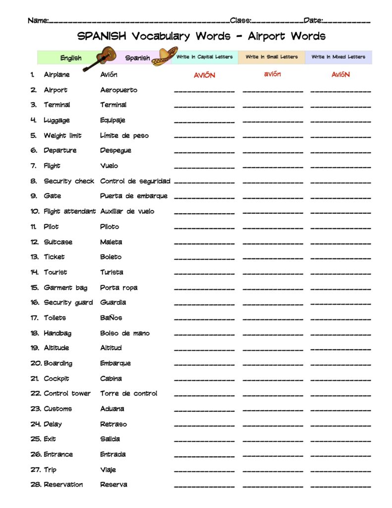 Spanish airport words vocabulary word list column worksheet made by