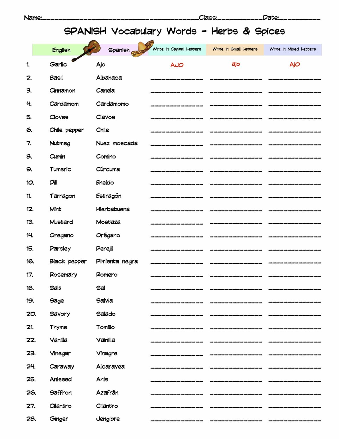 Spanish Herbs & Spices Vocabulary Word List Column Worksheet Made By