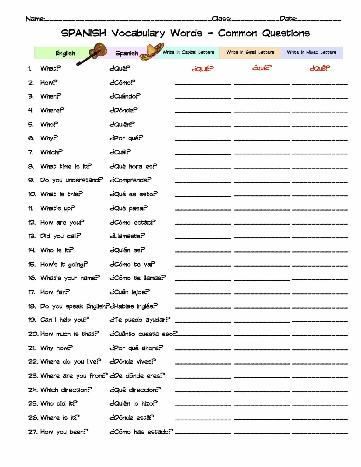 Spanish Common Questions Vocabulary Word list Column Worksheet - Made ...