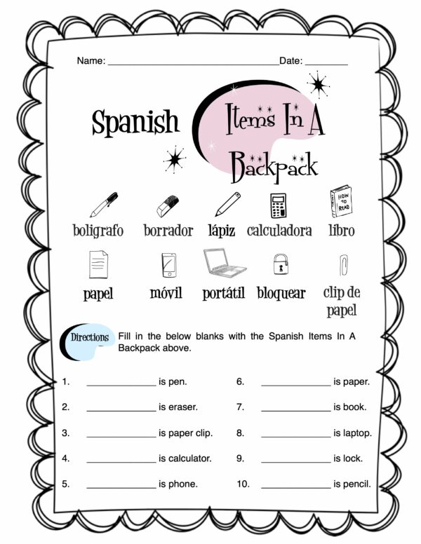 Spanish Items In A Backpack Worksheet Packet Made By Teachers