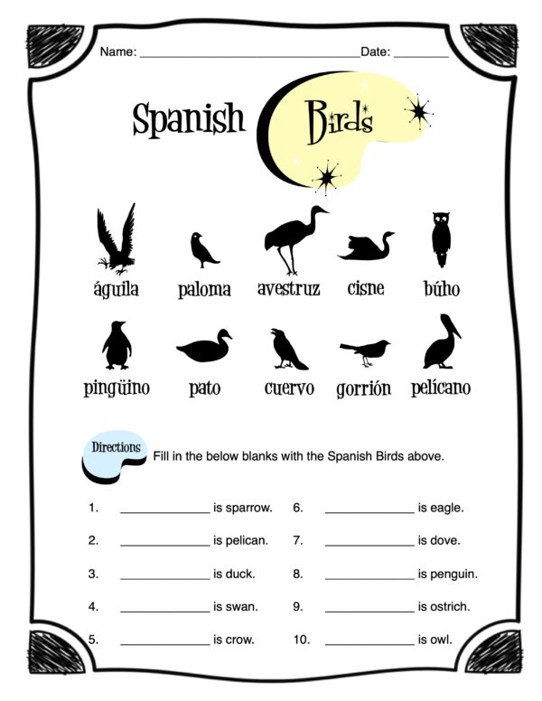 Spanish Birds Worksheet Packet Made By Teachers
