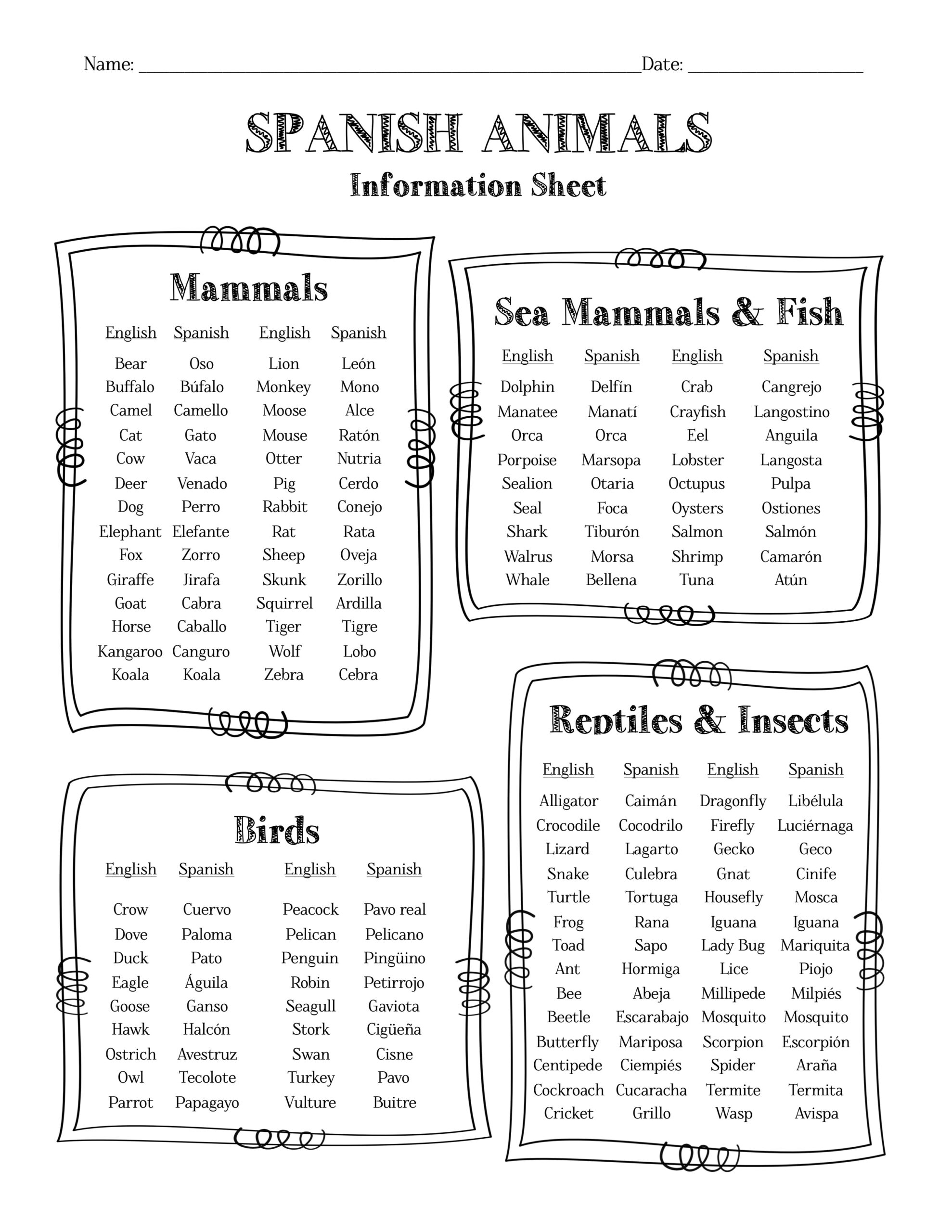 Spanish Animals Information Sheet Worksheet And Answer Key Made By 