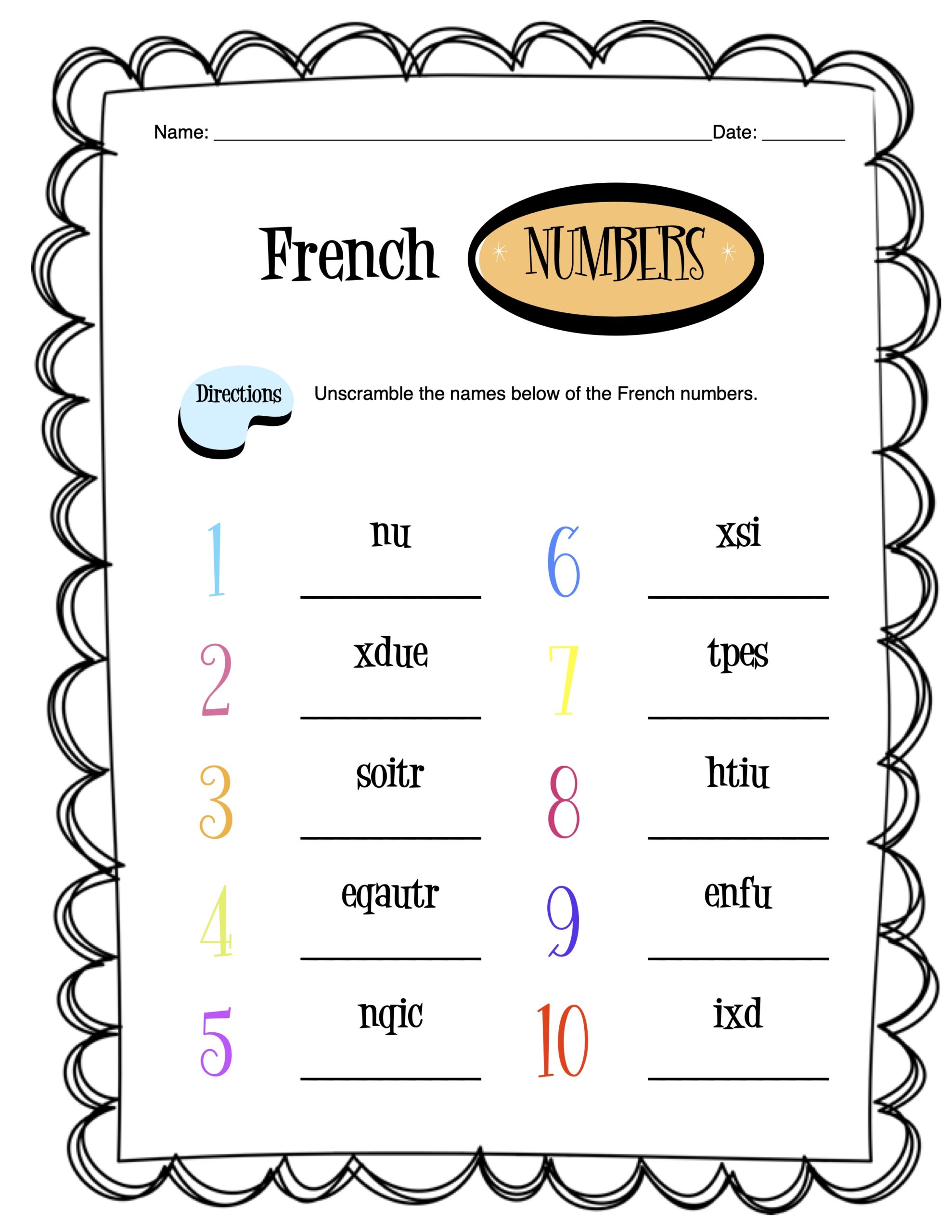 French Numbers 1 10 Worksheet