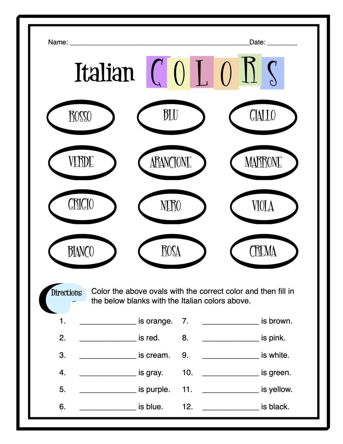 Italian Colors Worksheet Packet Made By Teachers