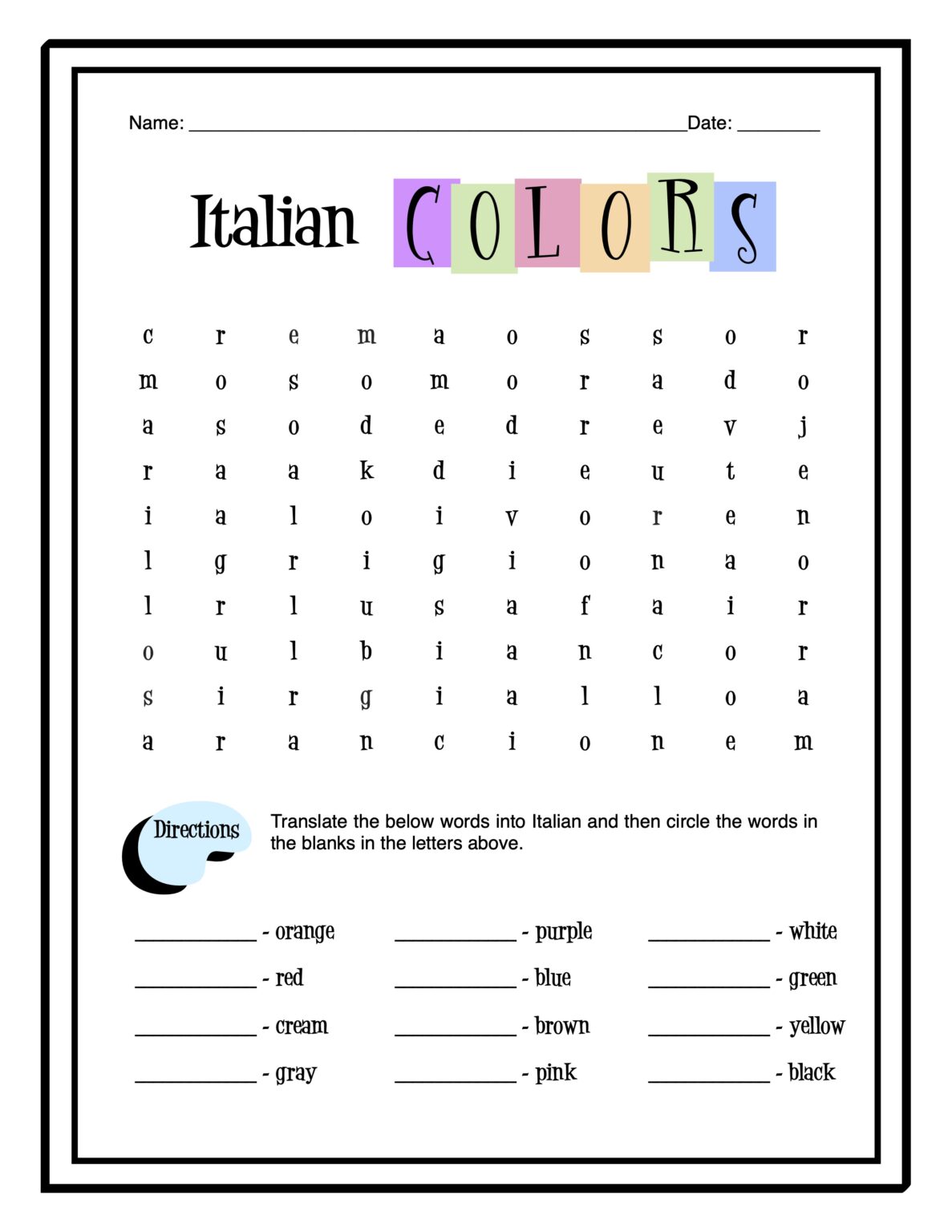 Italian Colors Worksheet Packet Made By Teachers