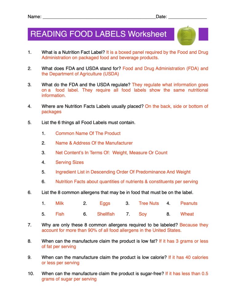 Reading Food Labels Content Sheet, Worksheet And Answer Key Made By