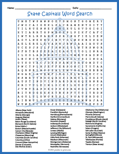 FIFTY 50 US STATE CAPITALS Word Search Find Worksheet Activity 