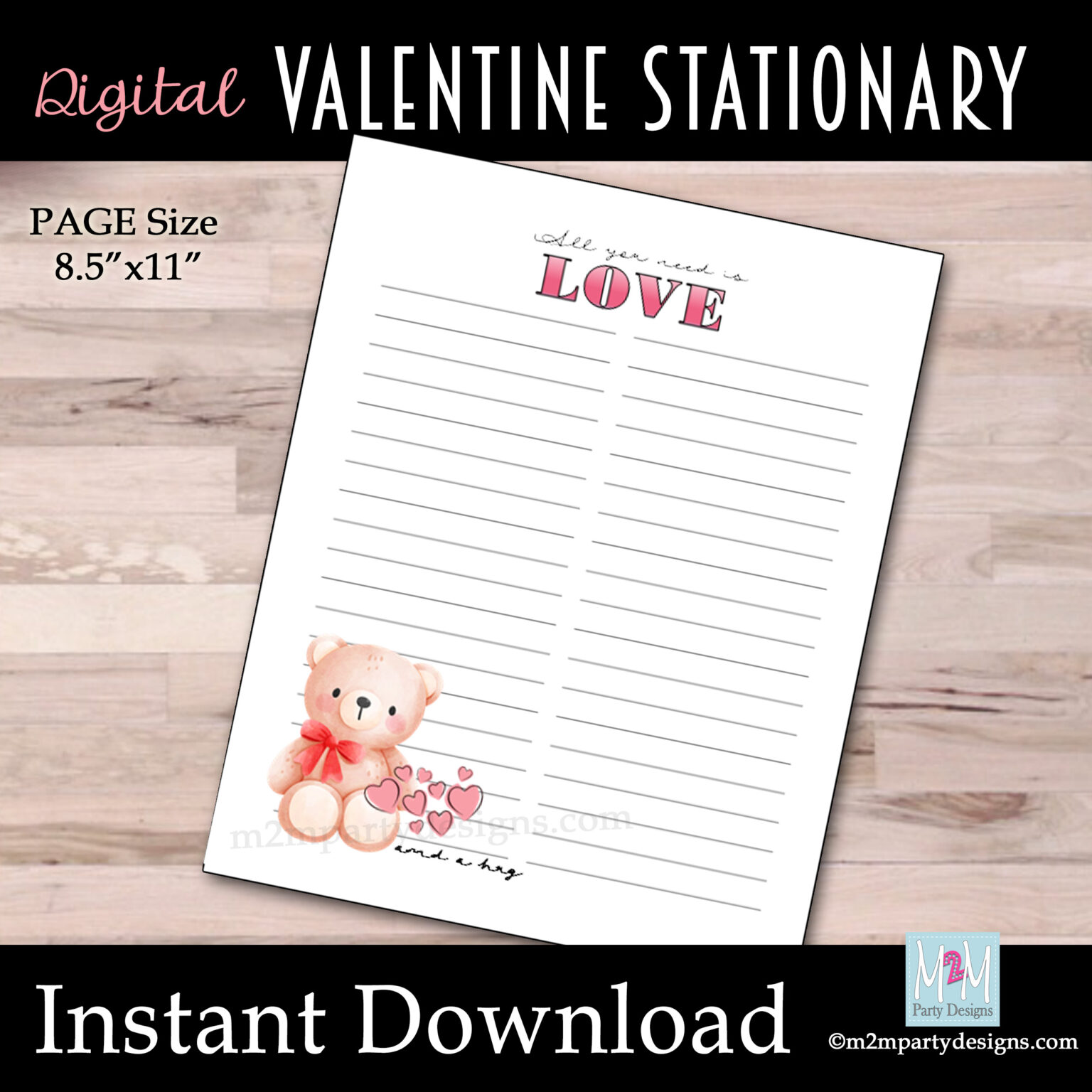 Printable Valentine's List Stationary, Love List Stationary, February Bear Hug Stationary Made