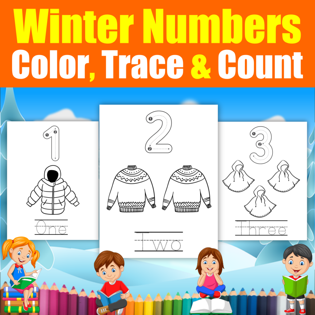 Winter Numbers 110. Printable Worksheets for Prek & K to Color, Trace