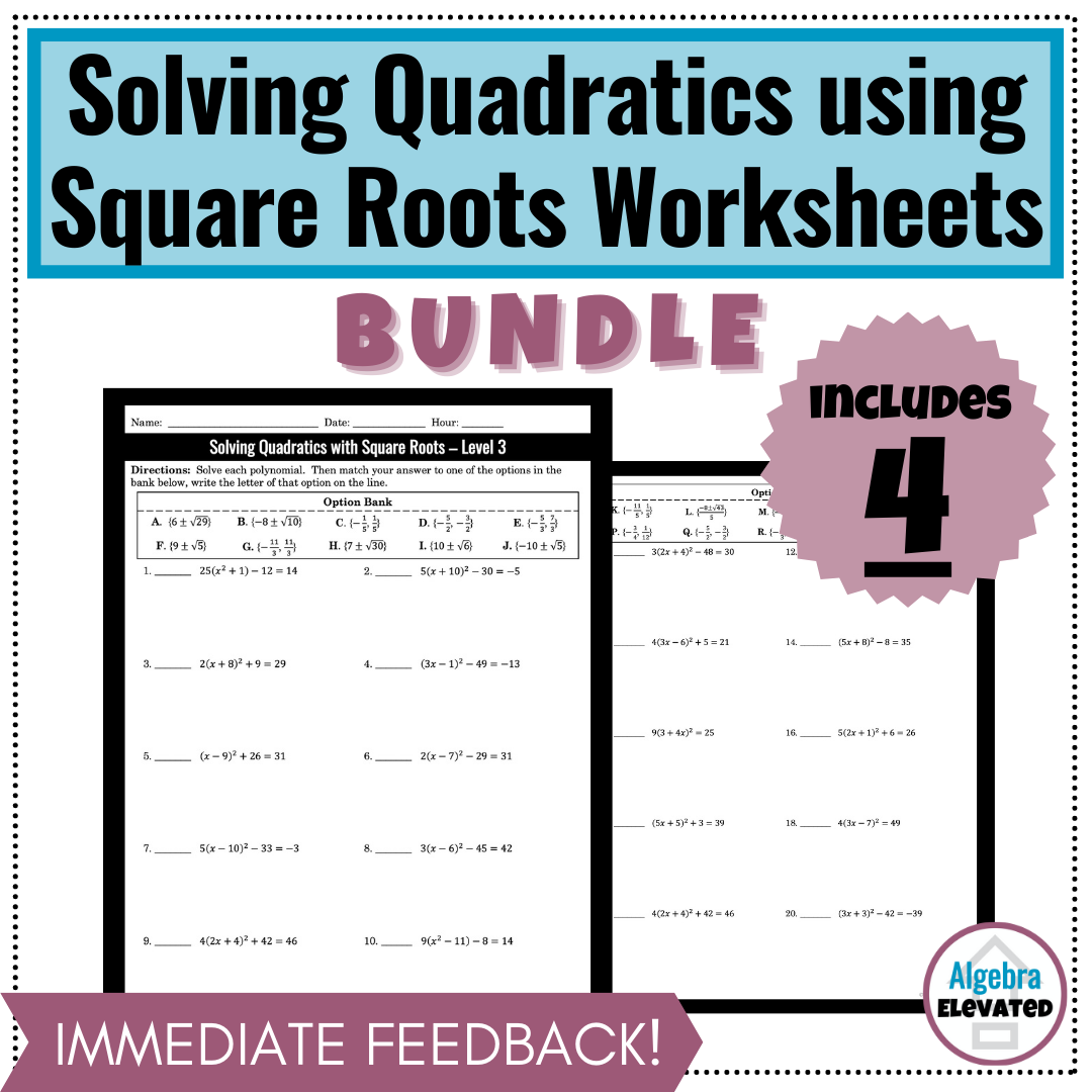 Solving Quadratics With Square Roots Worksheet Bundle Made By Teachers