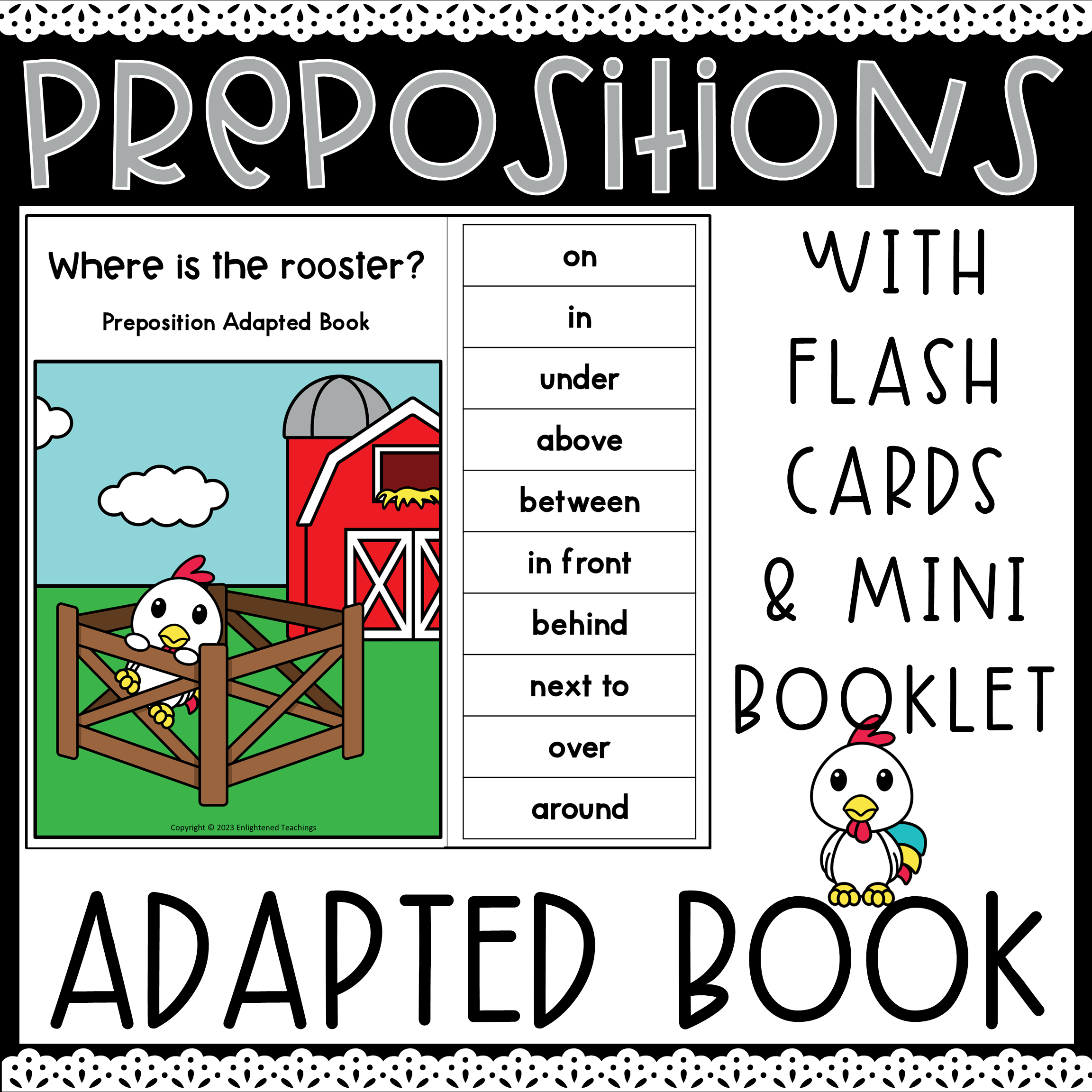 Farm Prepositions Adapted Book Interactive Booklet Flash Cards Rooster