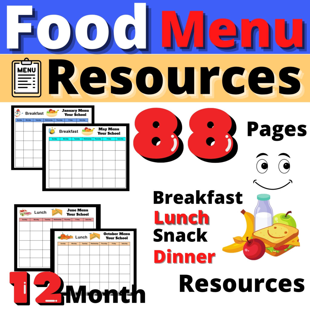 Food Menus Monthly School Resource Activity Calendar Editable Breakfast