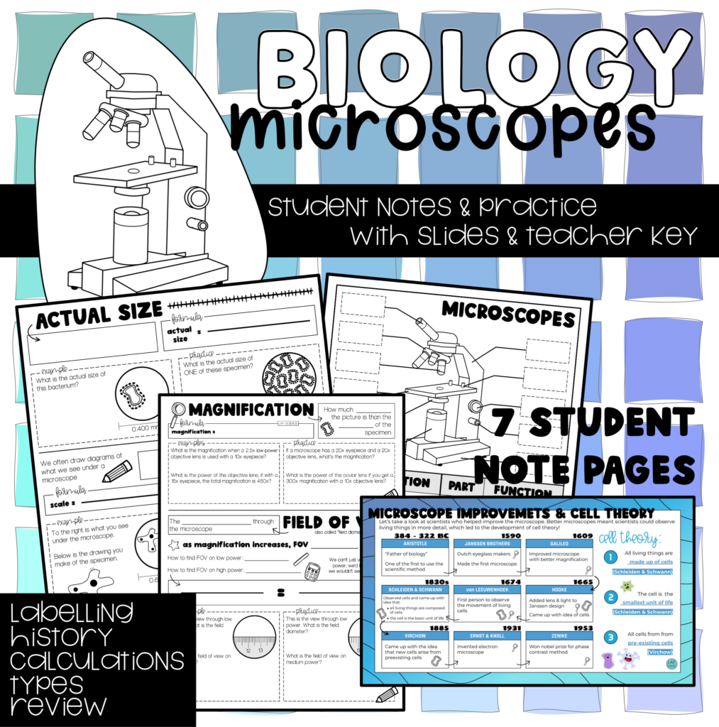 Microscopes Notes & Practice (diagram labelling, history, calculations, types) Made By Teachers