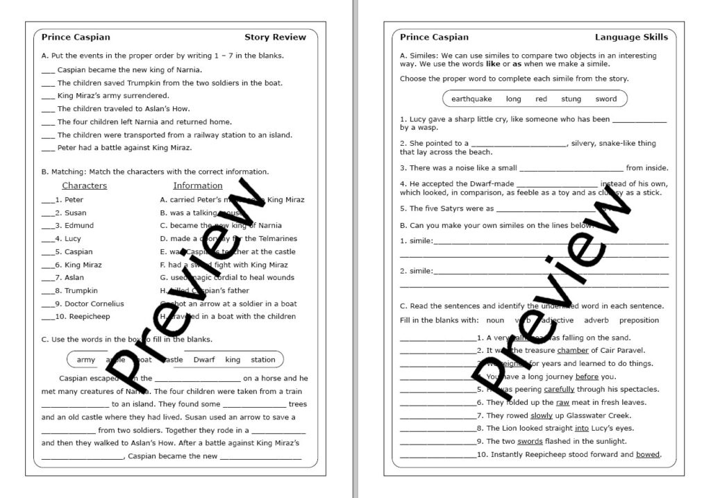 C. S. Lewis "Prince Caspian" worksheets | Made By Teachers