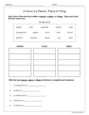 A Noun is a Person, Place or Thing - 4 worksheets - Grades 1-2 - CCSS ...