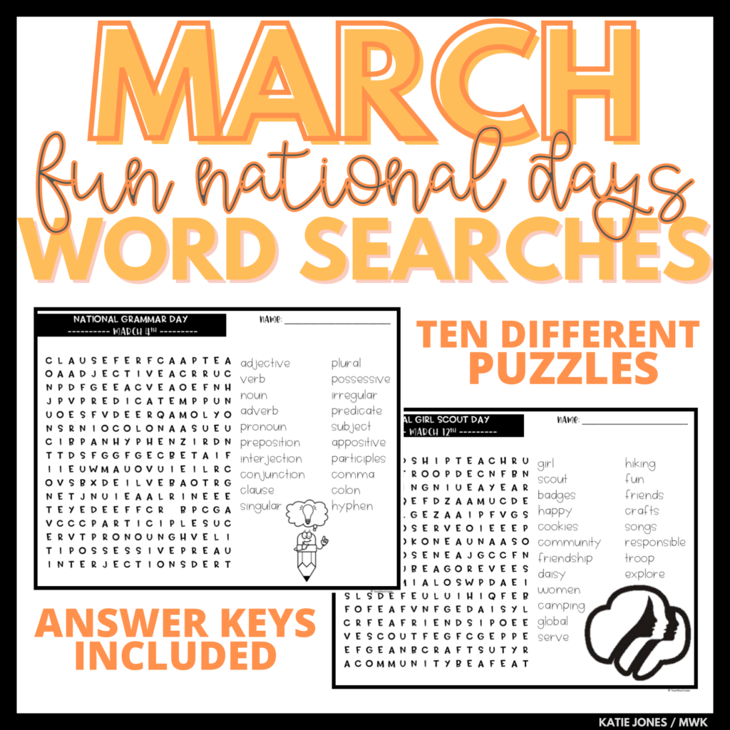 March Word Search Puzzles | Made By Teachers