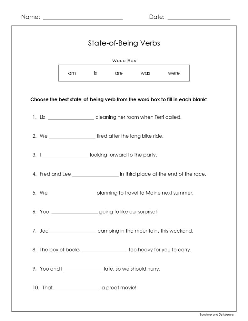 StateofBeing Verbs amisarewaswere Grades 12 Practice