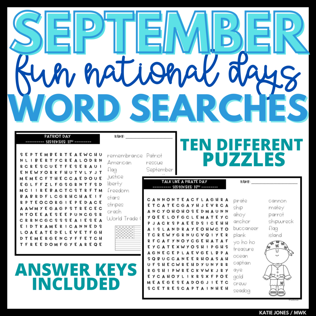 September Word Search Puzzles Made By Teachers