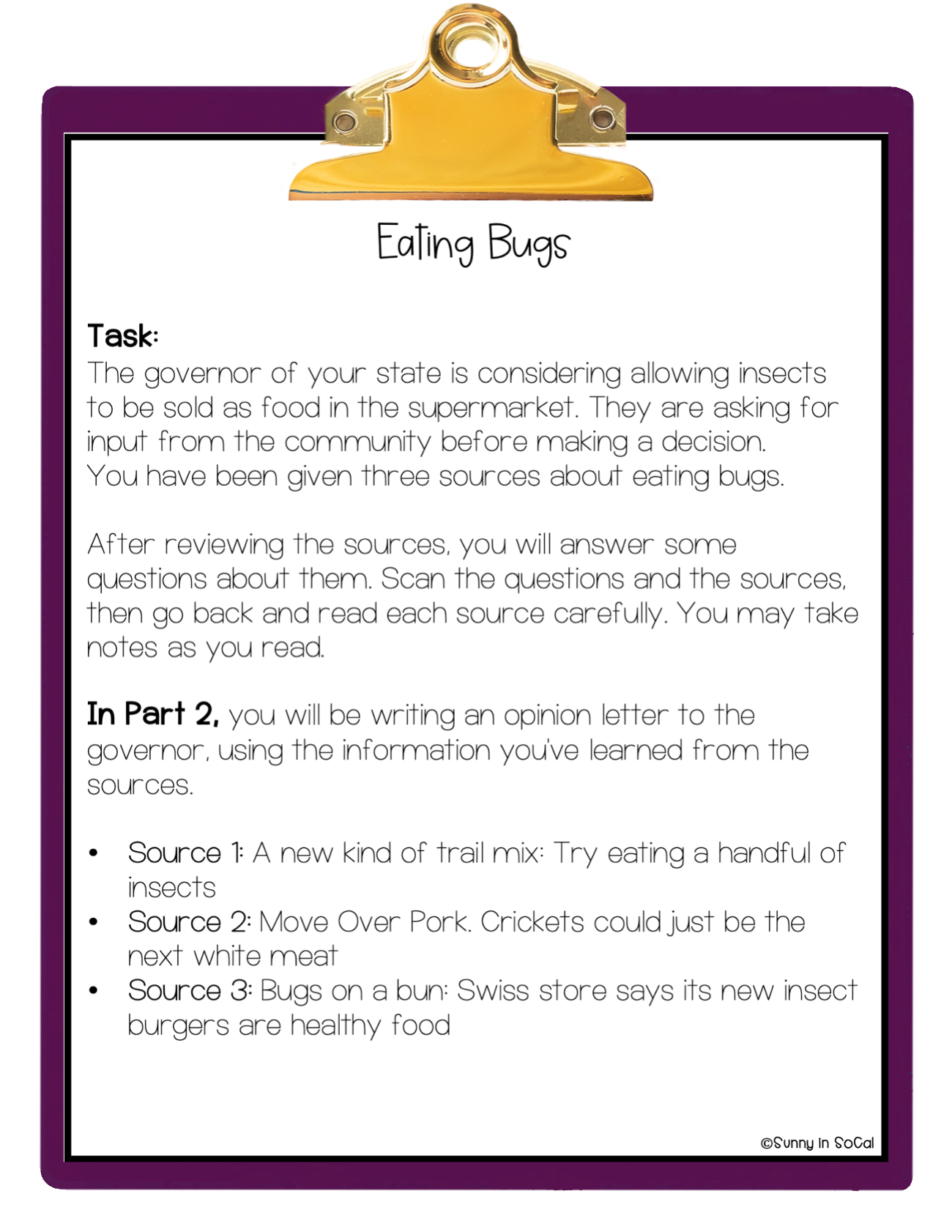 4th grade performance task eating insects made by teachers