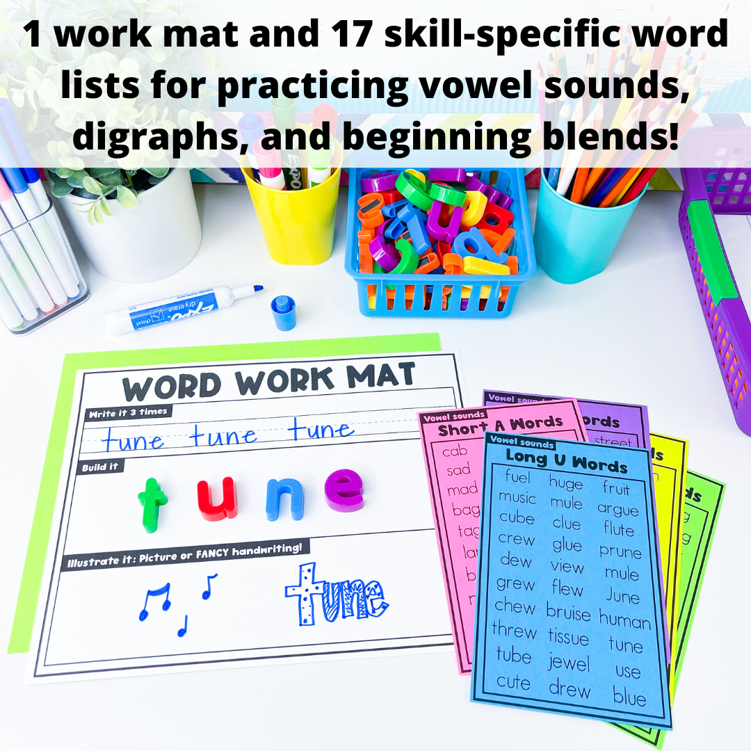 Word Work Mat with SkillSpecific Word Lists Vowel Sounds, Digraphs