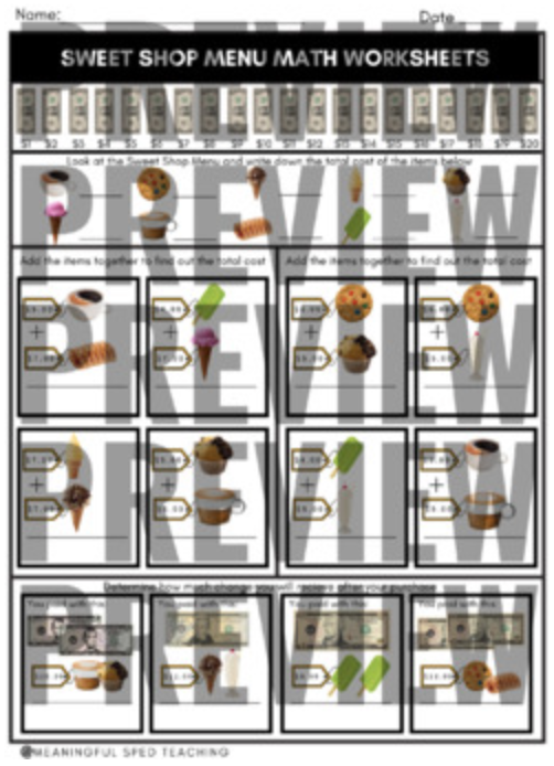 Food Menu Math Money Addition Worksheet Printable | Made By Teachers