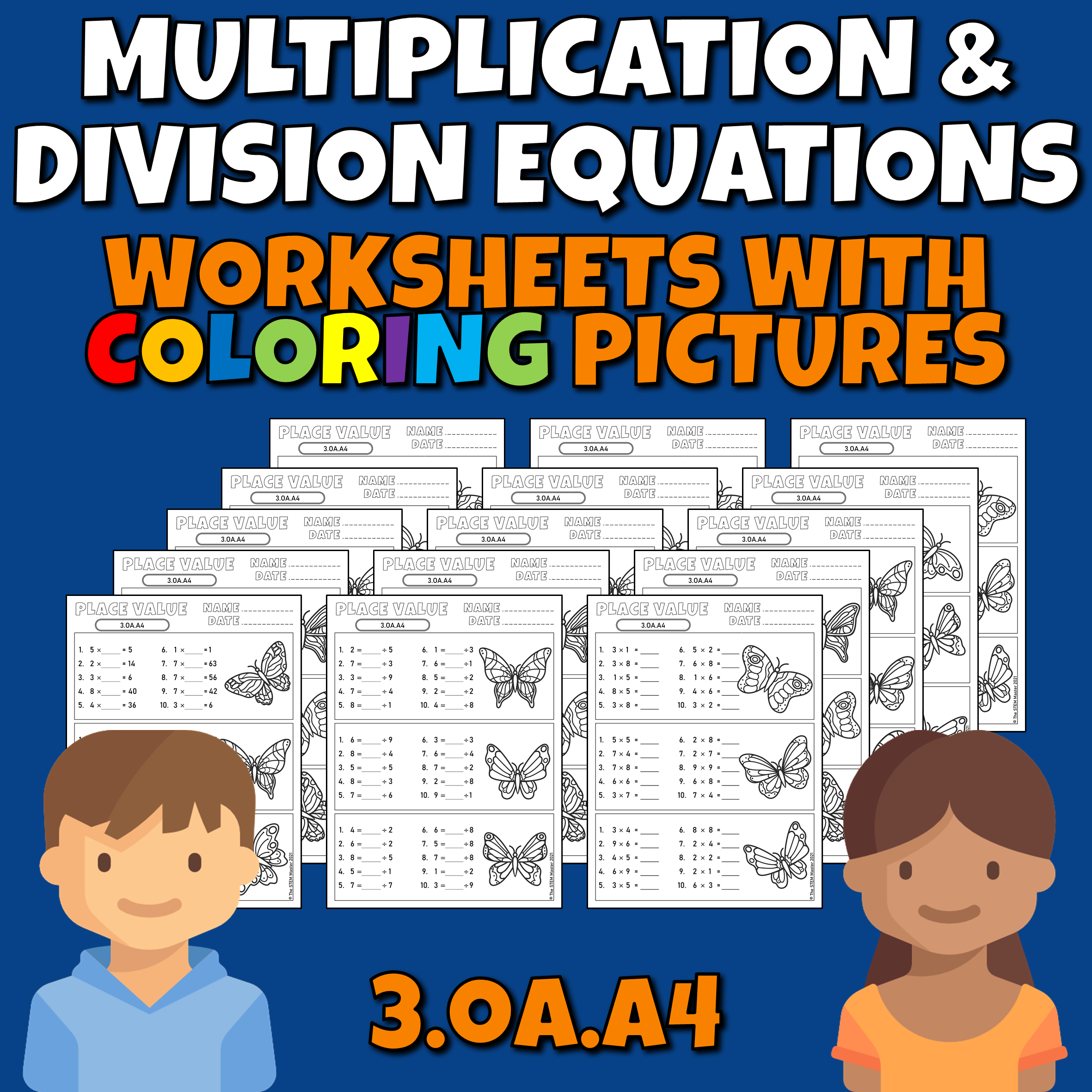 Multiplication and division equations 3.OA.A4 Worksheets with Coloring Pictures