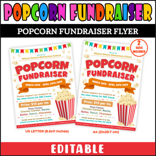 Editable Popcorn Fundraiser Flyer, PTA PTO School Church Community ...