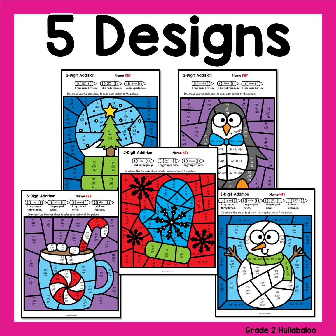 Winter Color by Code 2 and 3Digit Addition With and Without