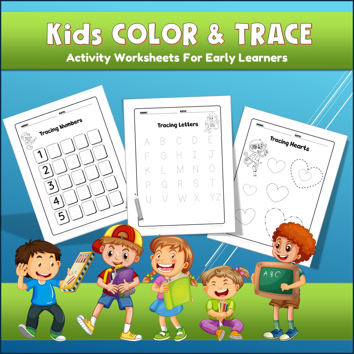 Preschool Kids Color and Trace Shapes, Numbers, and Letters, Worksheets
