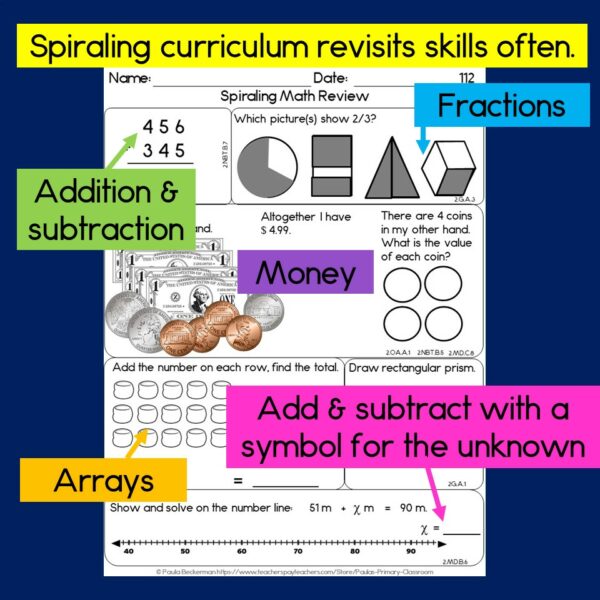 Math Spiral Review | 2nd Grade Daily Worksheets Morning Work Homework ...