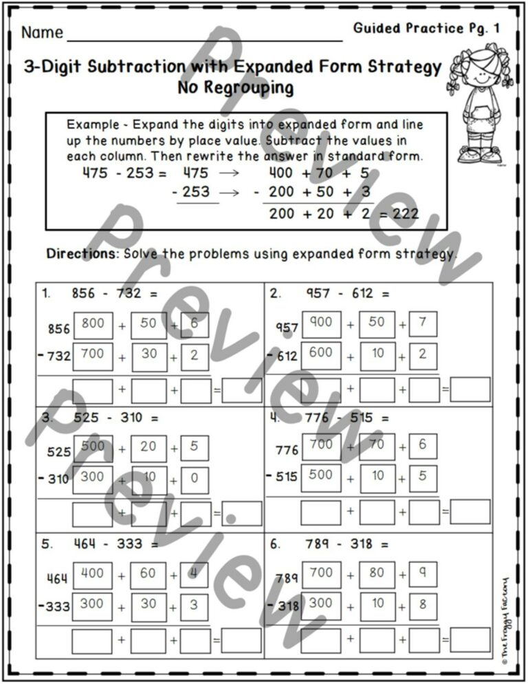 3 Digit Subtraction Expanded Form Strategy Worksheets | Subtraction ...