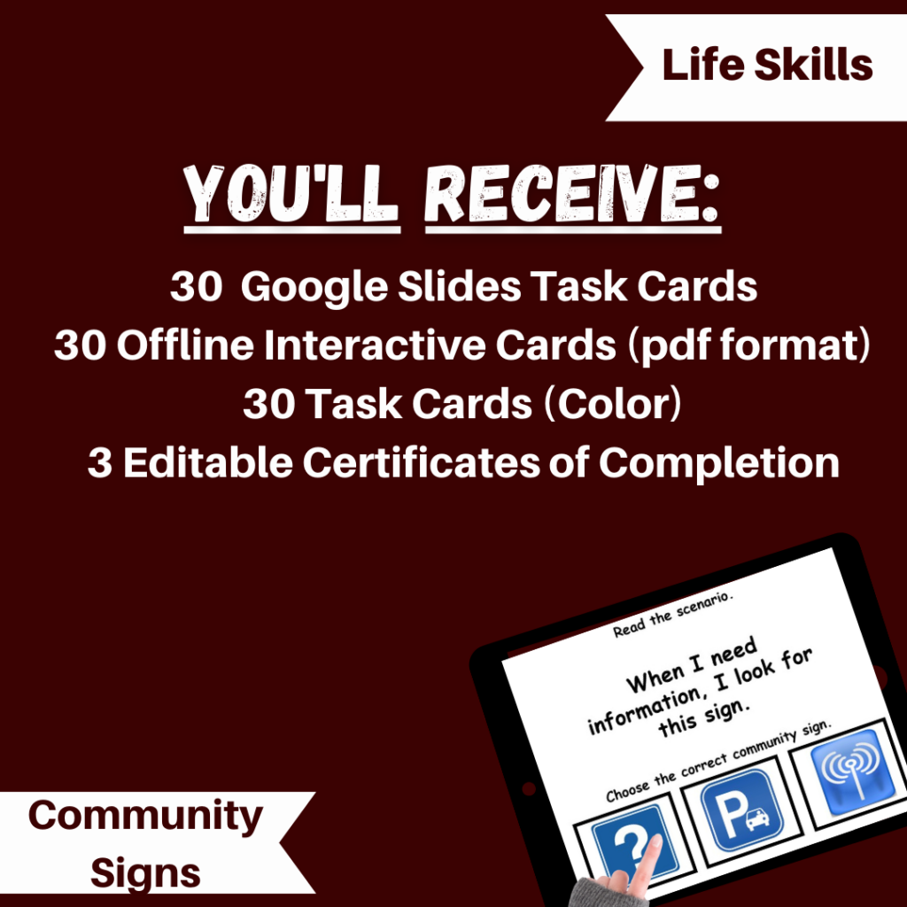 Community Signs Functional Life Skills Literacy PLUS Task Cards Level 3