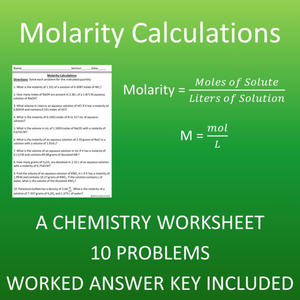 Calculating Molarity, Moles, and Volume A Chemistry Worksheet Made By Teachers