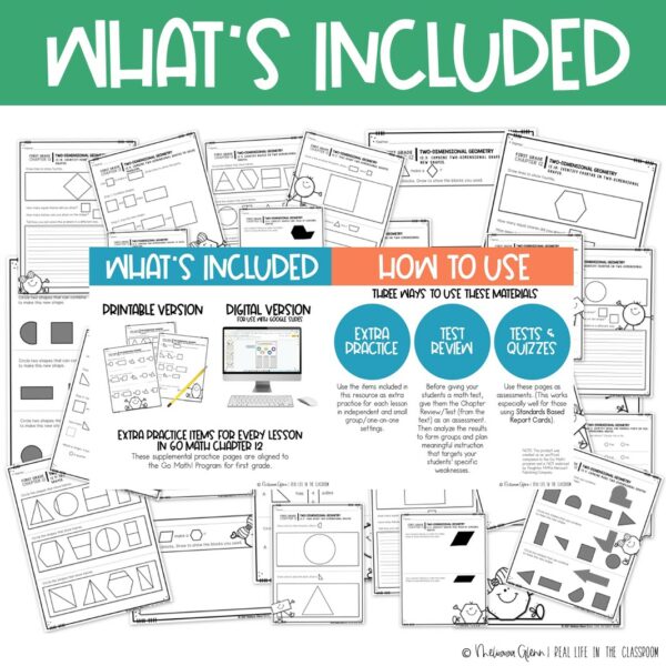 Go Practice Math Go Math Chapter 12 Practice for First Grade - 2D Shapes - Made By Teachers