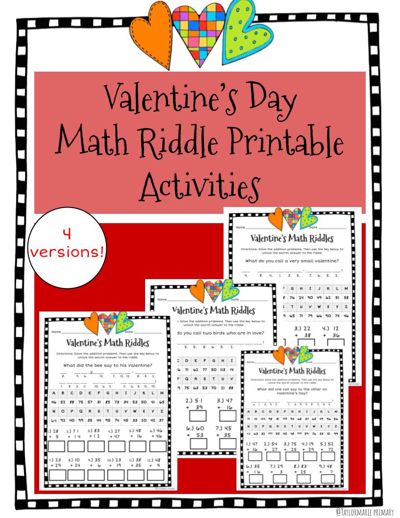 Valentine's Day Math Riddle Worksheets Two-Digit Addition Mixed Regrouping | Made By Teachers for Free Printable Math Riddle Worksheets