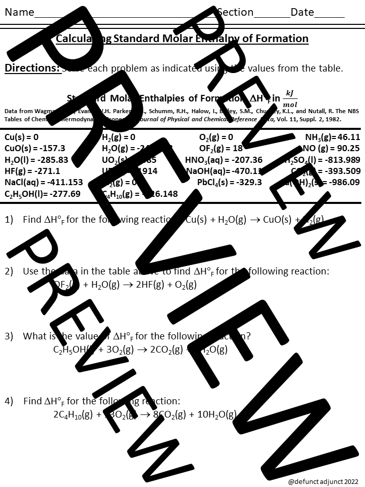 Standard Molar Enthalpy of Formation Calculations A Chemistry