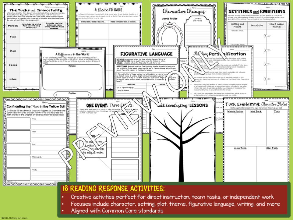Tuck Everlasting Novel Study Unit Comprehension with Activities and Tests Made By Teachers